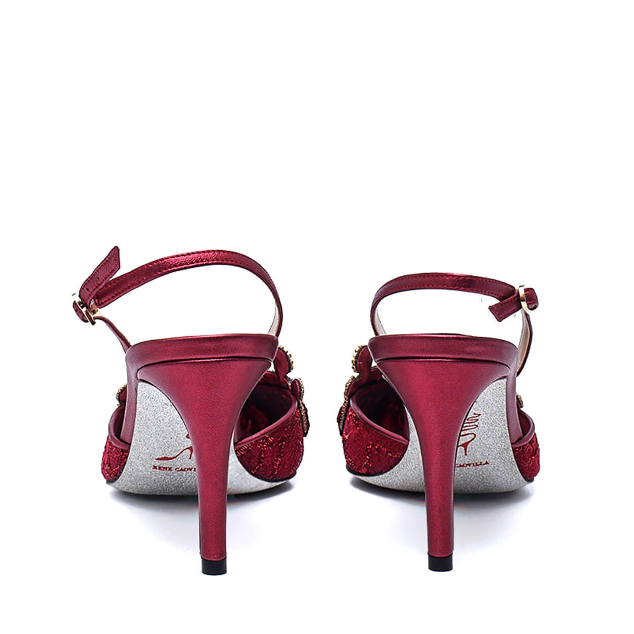 Rene Caovilla - Burgundy Crystal Embellished Lace and Leather Slingback Pumps 39